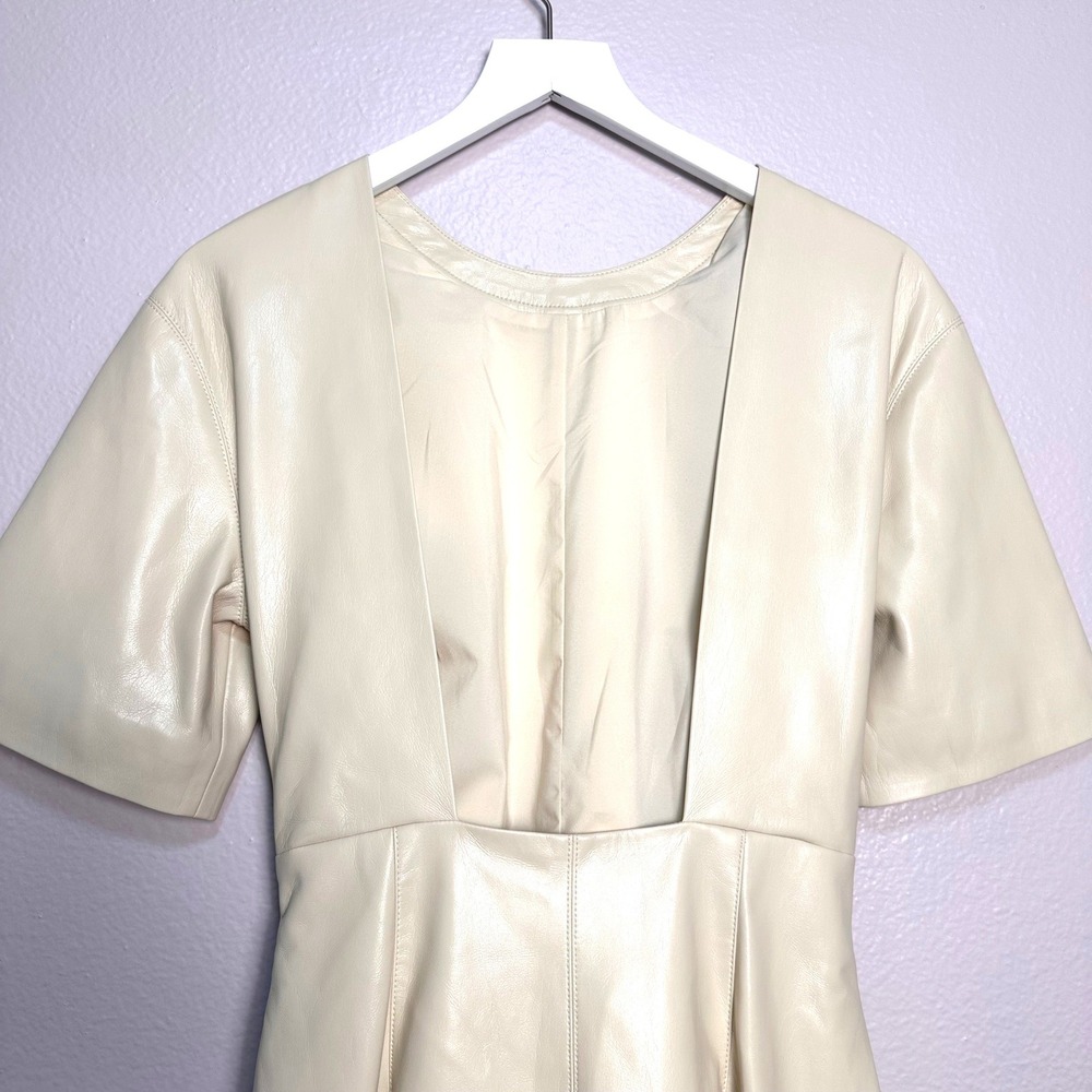 NWT Nanushka Maryl Faux Leather Chalk/Cream Fringe Knot Shift Mini Dress L - Picture 15 of 16